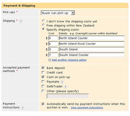 Specify shipping options