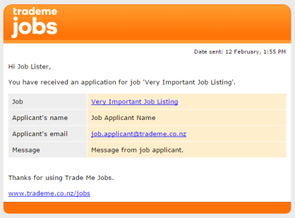 Example of an email from a Trade Me Jobs application