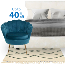 An image of furniture. Tag states items are up to 40% off.