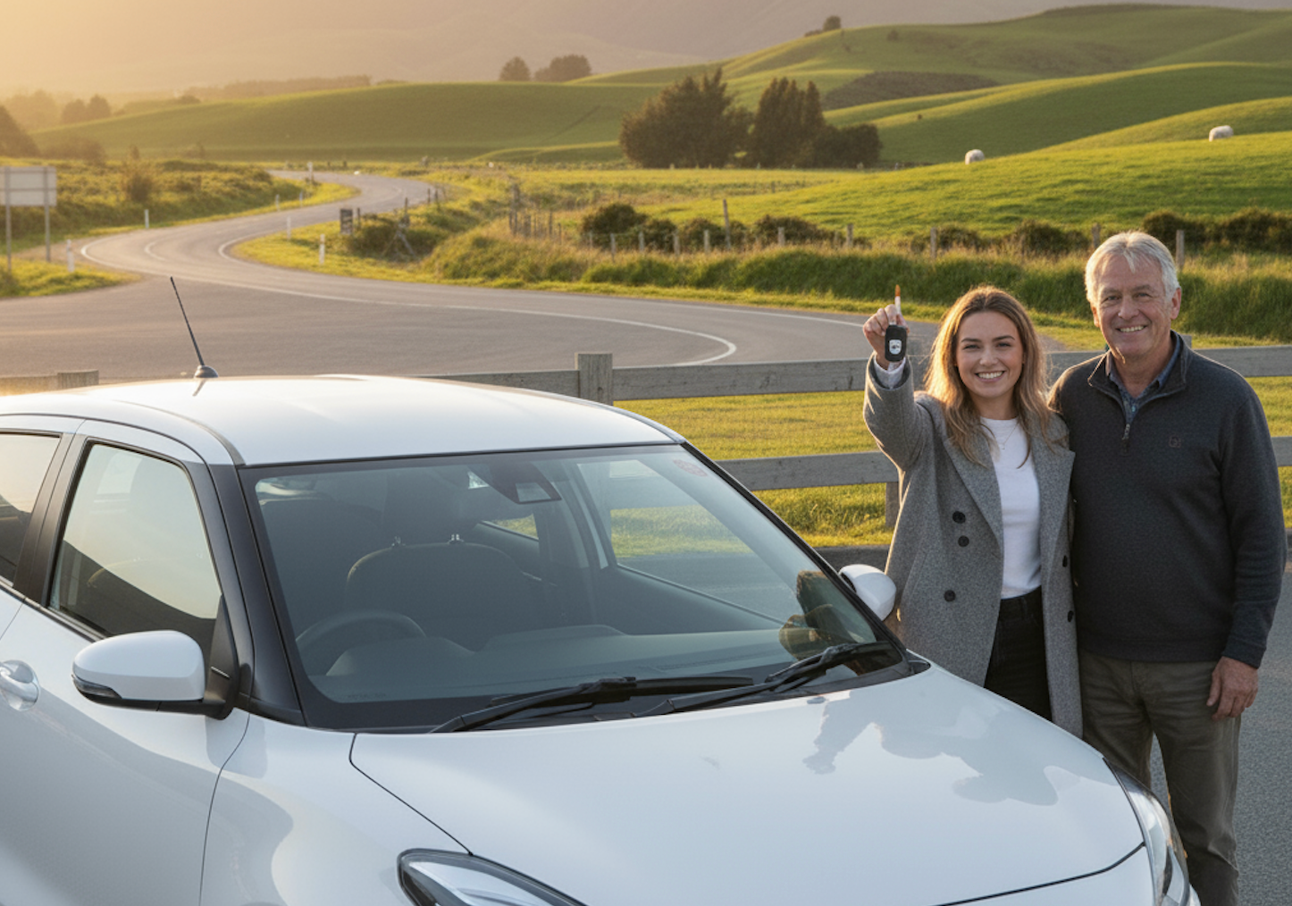 A young woman holding up the keys to her first car with her father.