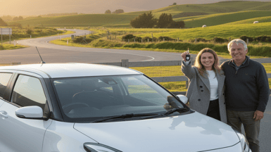 A young woman holding up the keys to her first car with her father.
