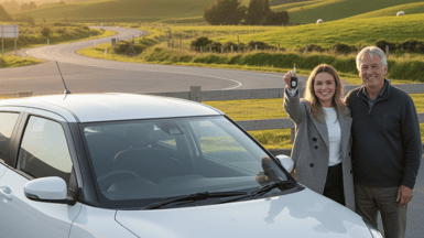 A young woman holding up the keys to her first car with her father.