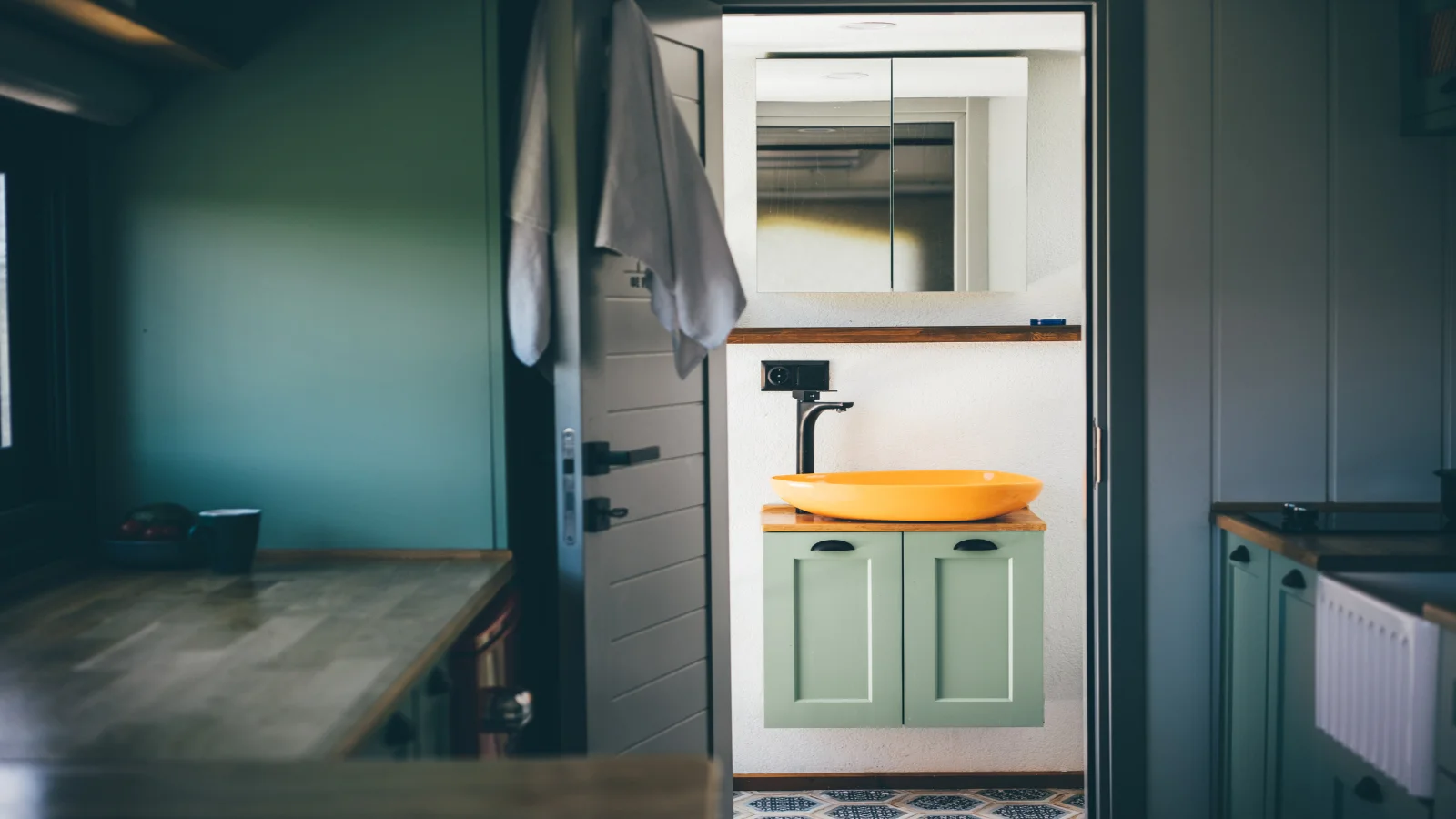 Renovated bathroom with yellow sink