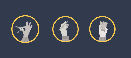 Illustrations of a hand with key, a hand with a pencil, and a hand with a smart phone.