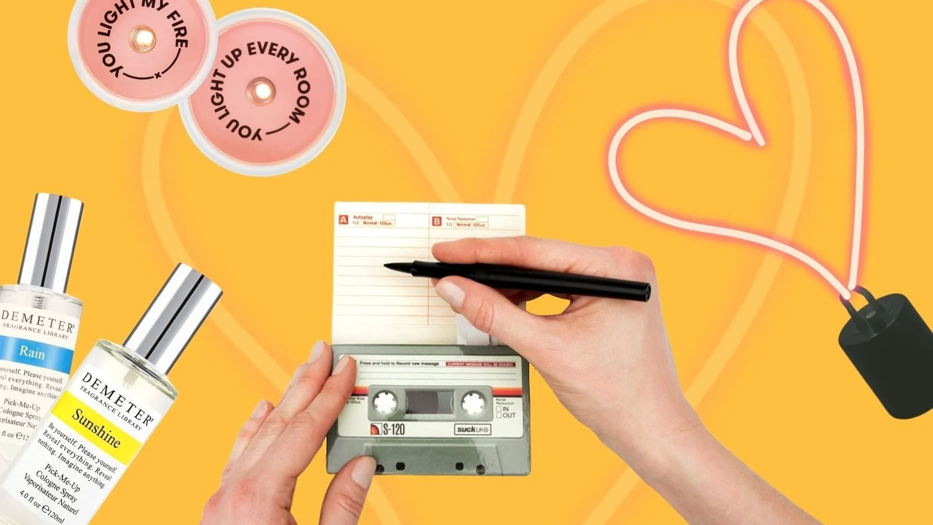 A collection of Valentine's gifts - secret message candles, sunshine scented Demeter perfume, a heart shaped neon light and a recordable mixtape greeting card