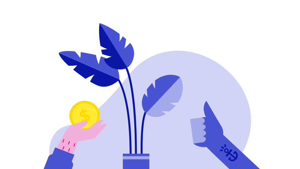 An icon image. In the centre is a plant, on the left hand side is a hand holding up a coin, representing a Trade Me buyer. On the right of the plant is another hand with a thumbs up, representing a seller on Trade Me.