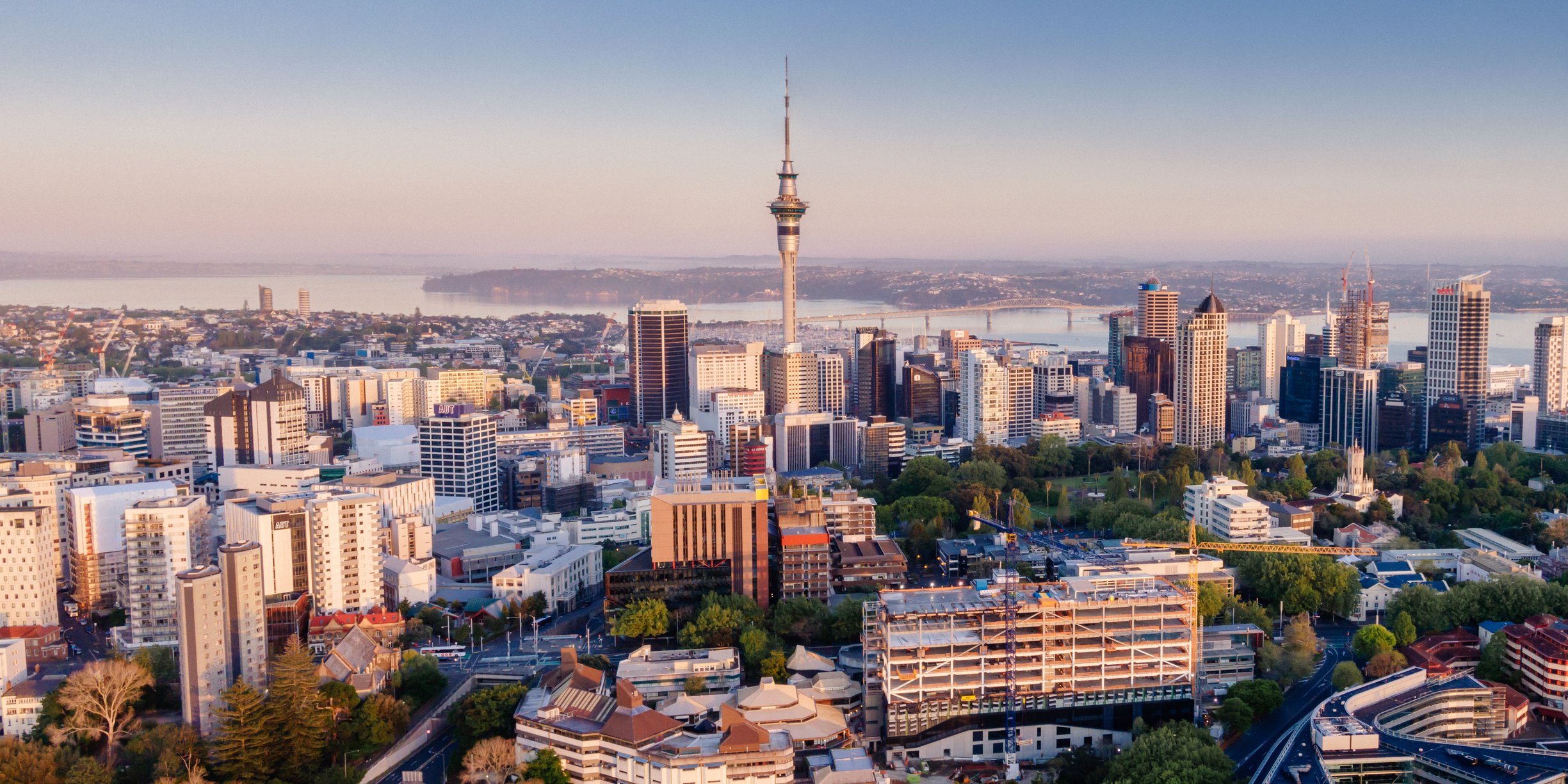 drone image of auckland city with skytower