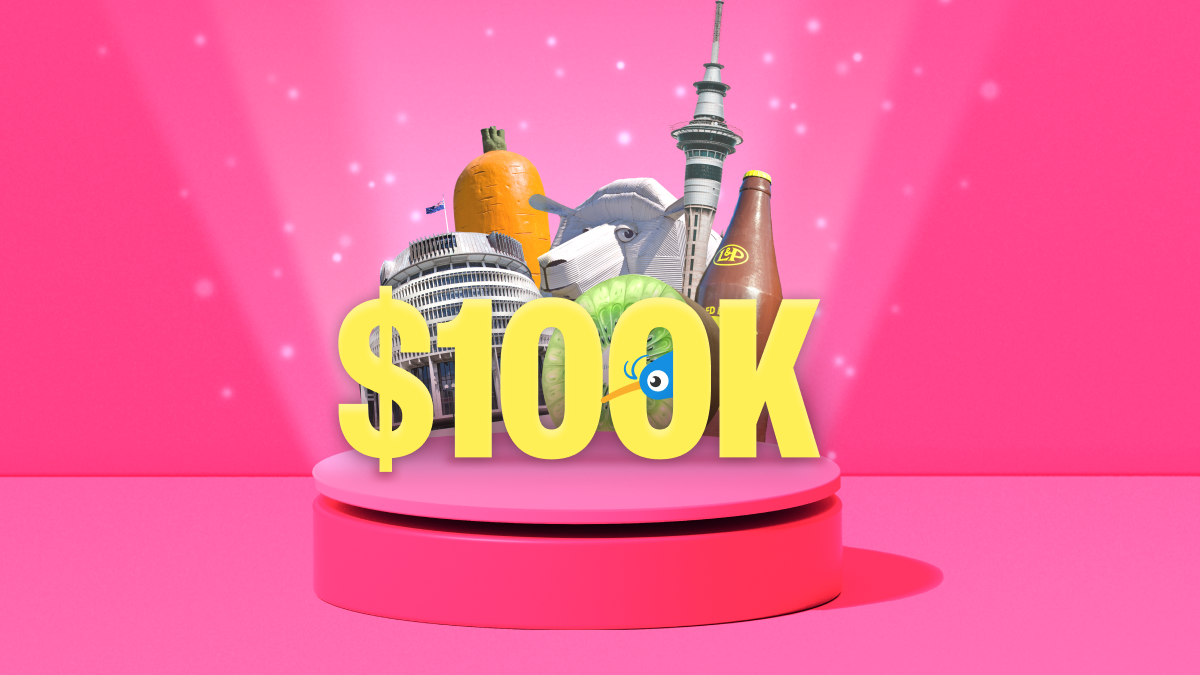 Hunt for the Hundy logo of $100k with illustrations of NZ landmarks