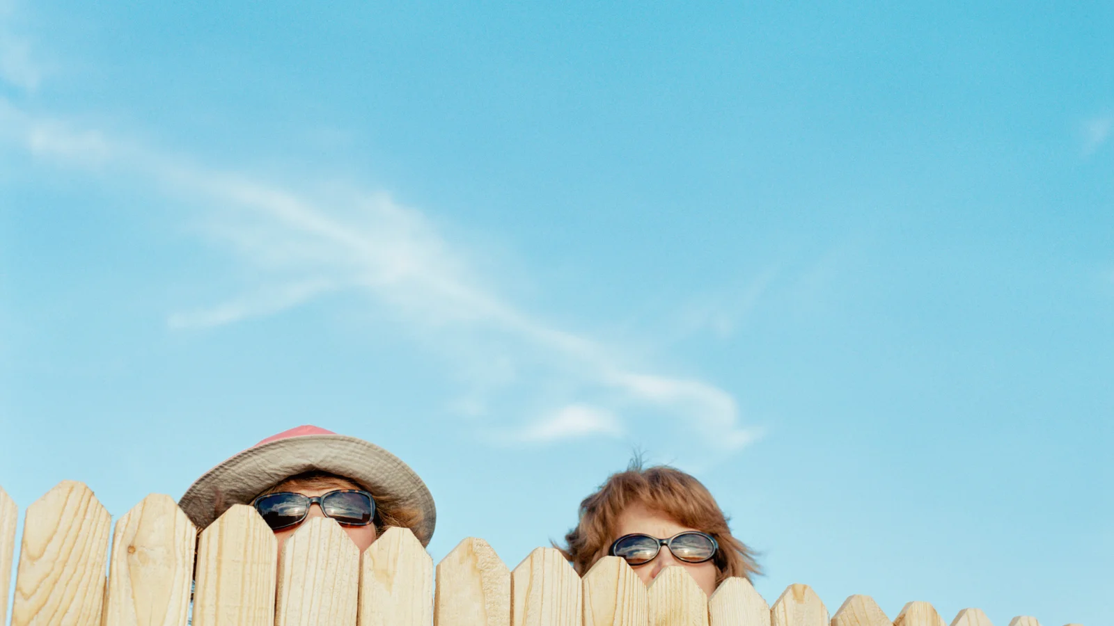 Two neighbours peaking over the fence against blue sky.