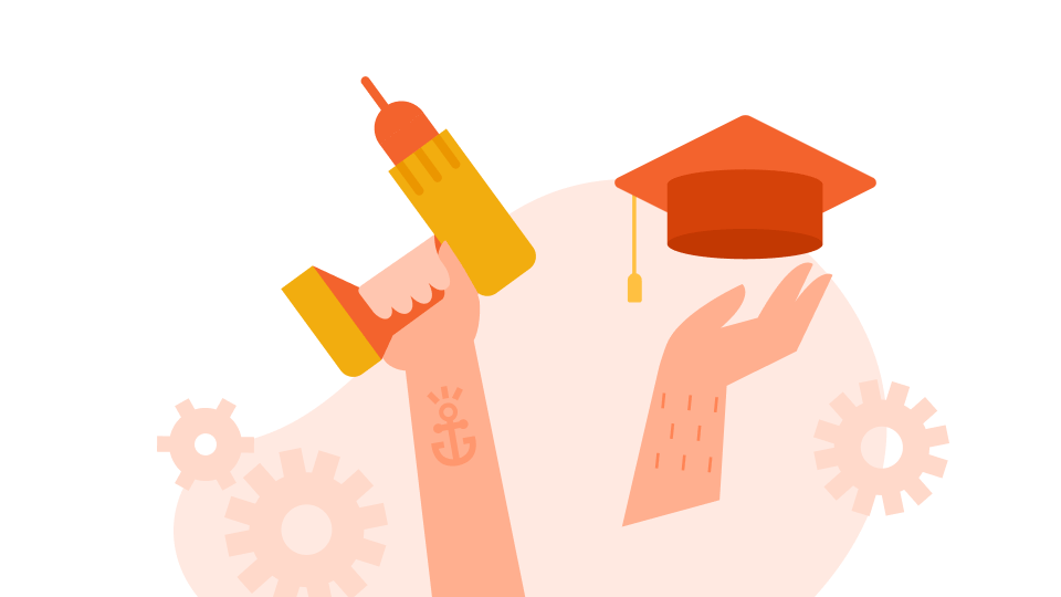 Two arrows pointing in different directions, symbolising the choice between getting a degree or work experience.