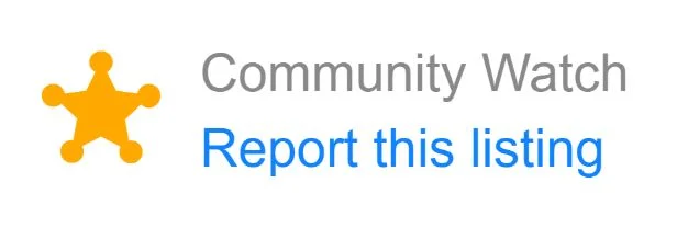 Yellow sheriffs bade star to the left of writing: in grey "Community watch", below that in blue "Report this listing"