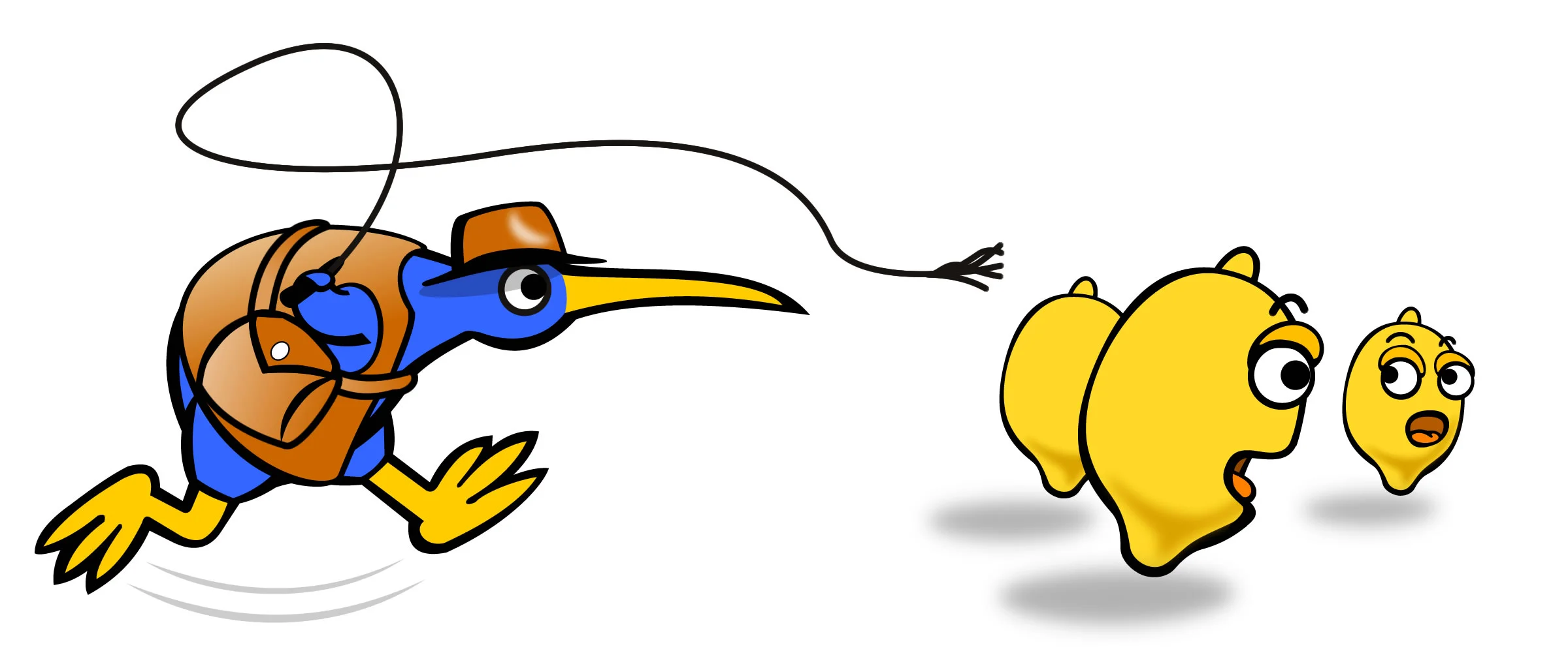Blue Kevin the kiwi Trade Me logo dressed as Indiana Jones lassoing a herd of lemons