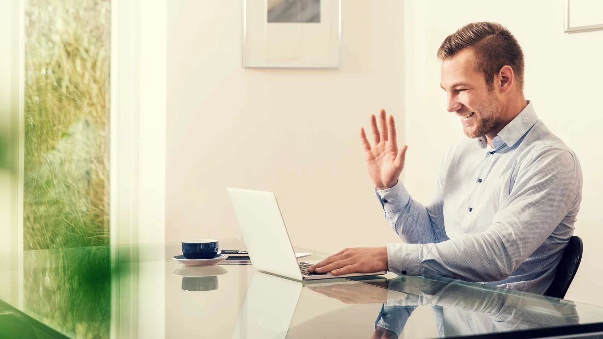 Applicant greeting video interview panel on a video call.