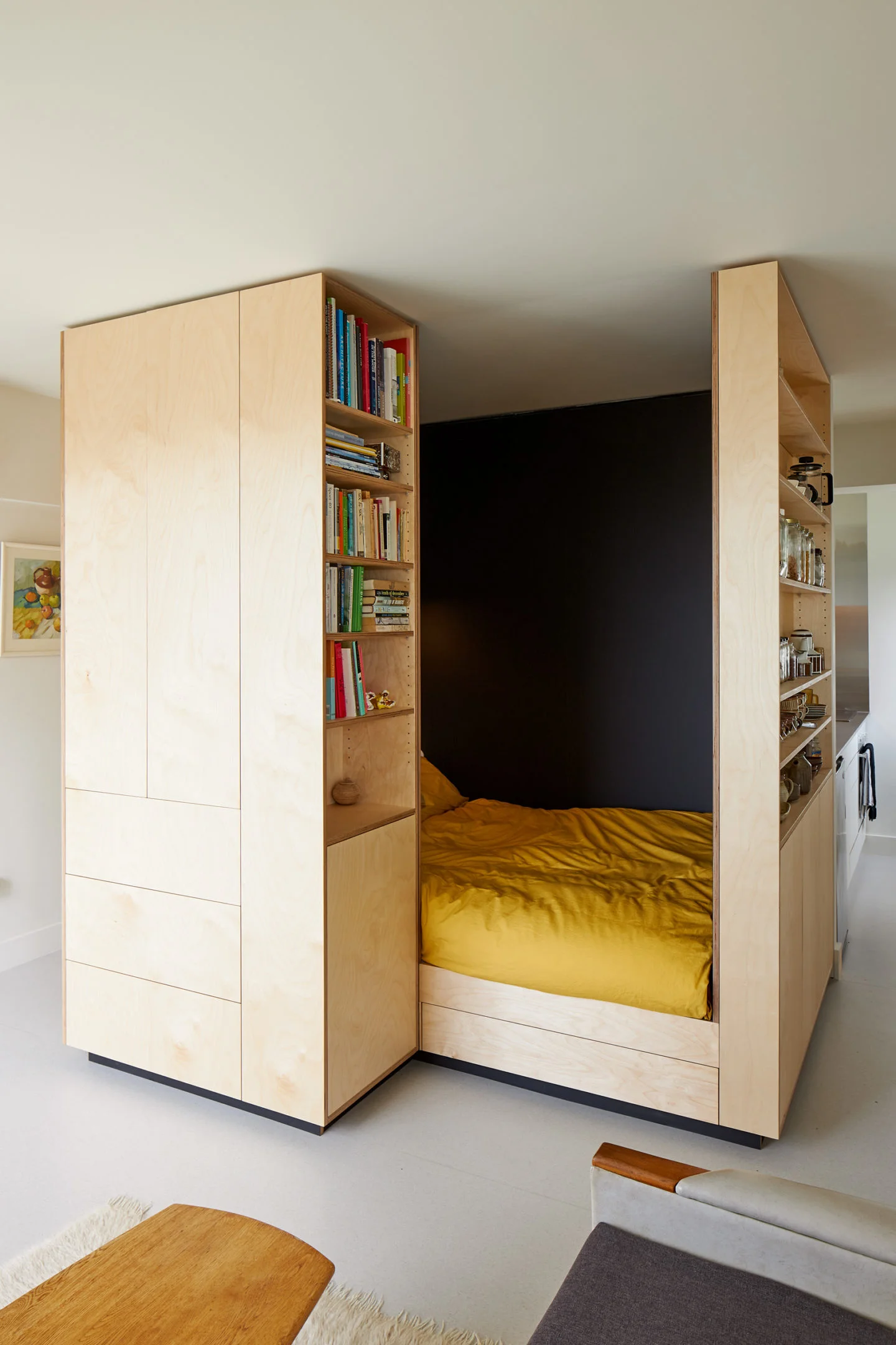 A multifunctional storage unit that encapsulates a bed, offering integrated wardrobe space for a tidy and efficient bedroom design.