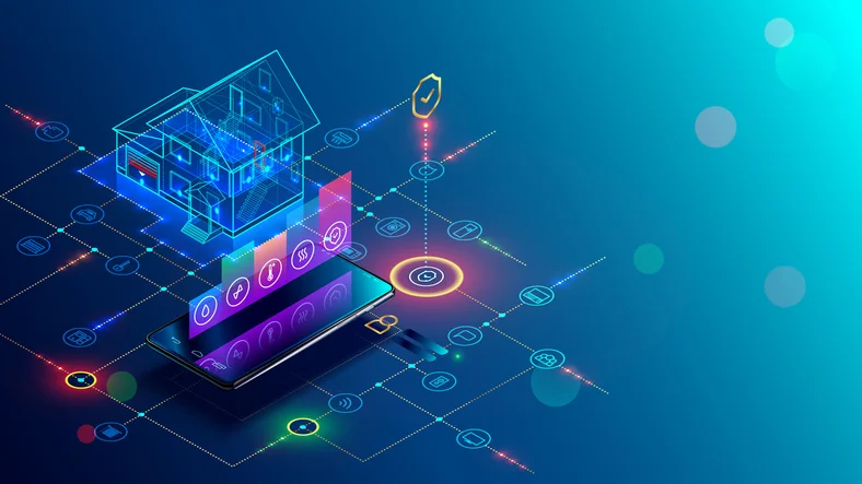 Graphic showing artificial intelligence and technology motifs in the shape of a house