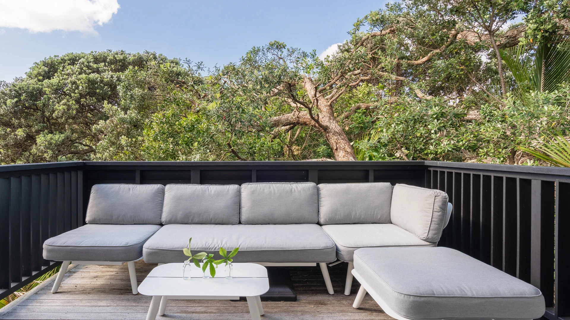 A deck balcony in an NZ property overlooking the bush.