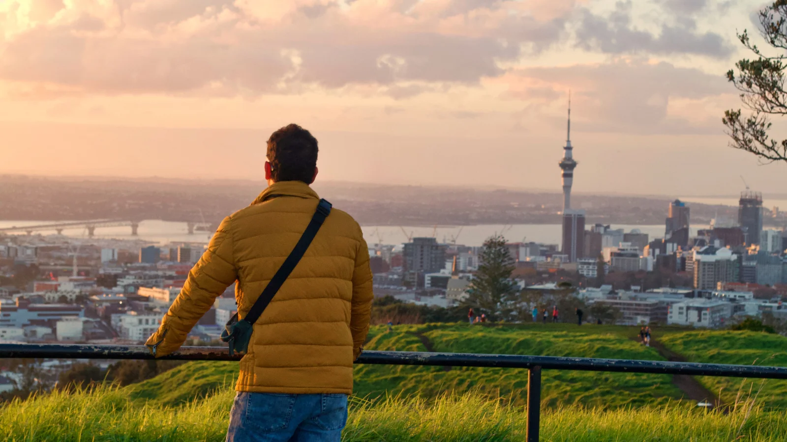 Man looking over Auckland city trying to find a cheap house.