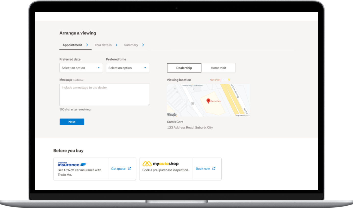 Image of an 'arrange a viewing' form