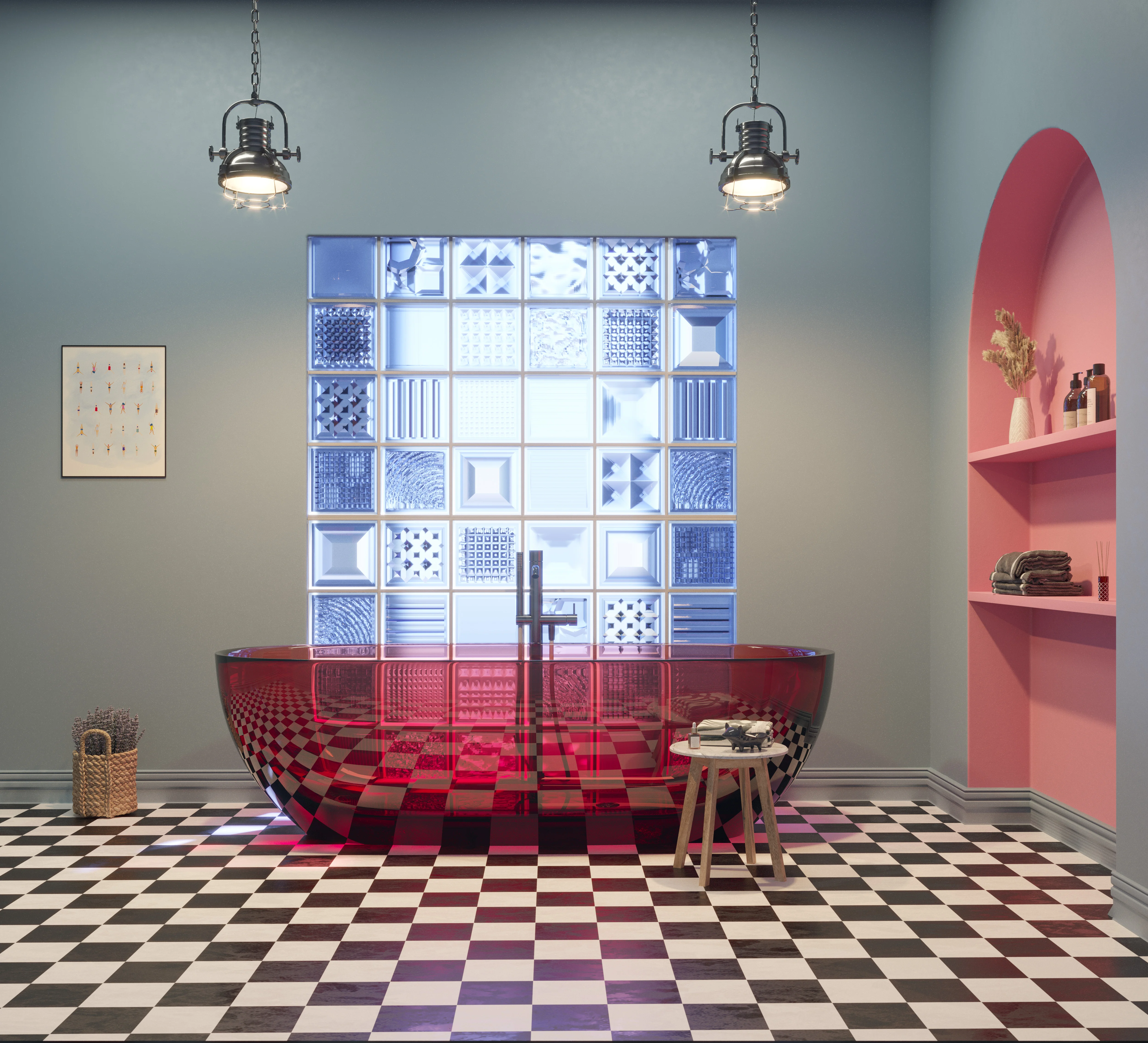 Bathroom with a transparent pink bath, blue glass block wall, curved inset and black and white tiled floor.