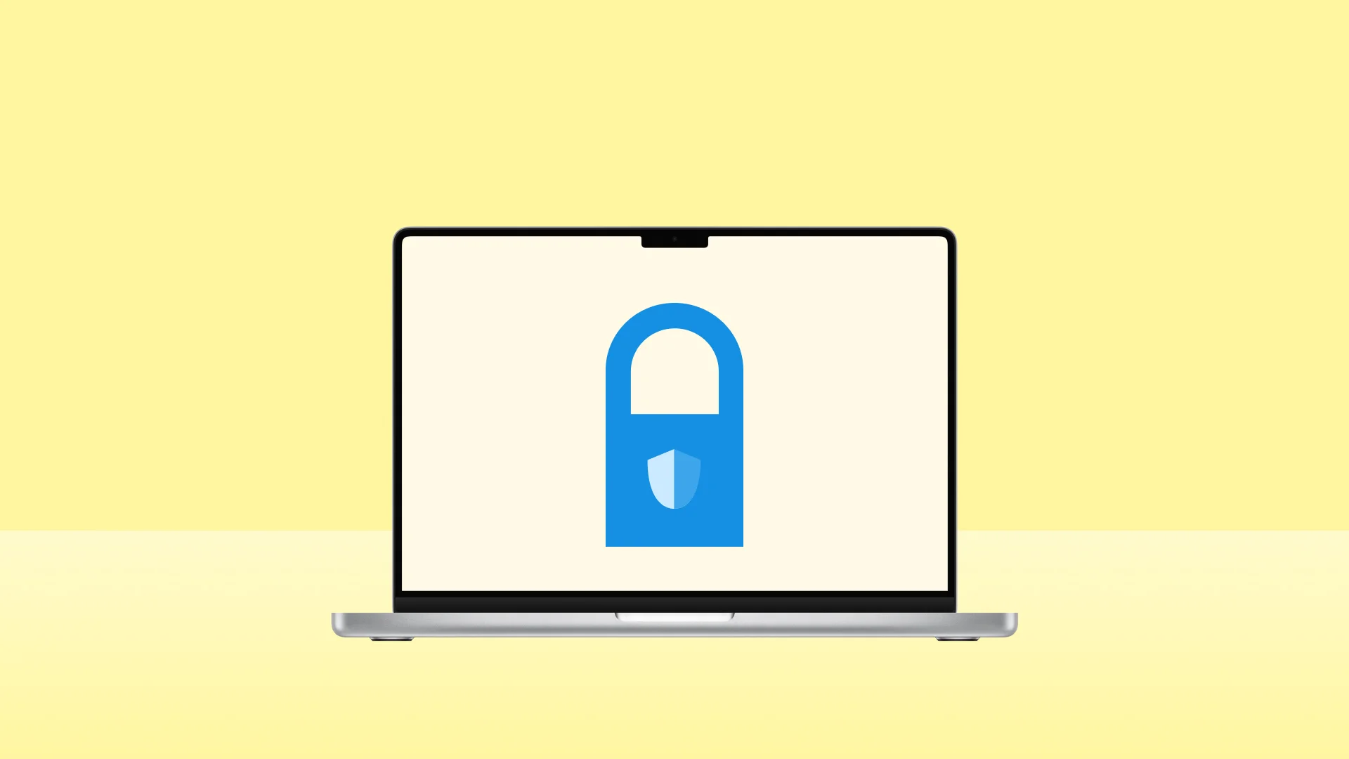 Illustration of a blue laptop on a yellow background, with a padlock lock on the screen.