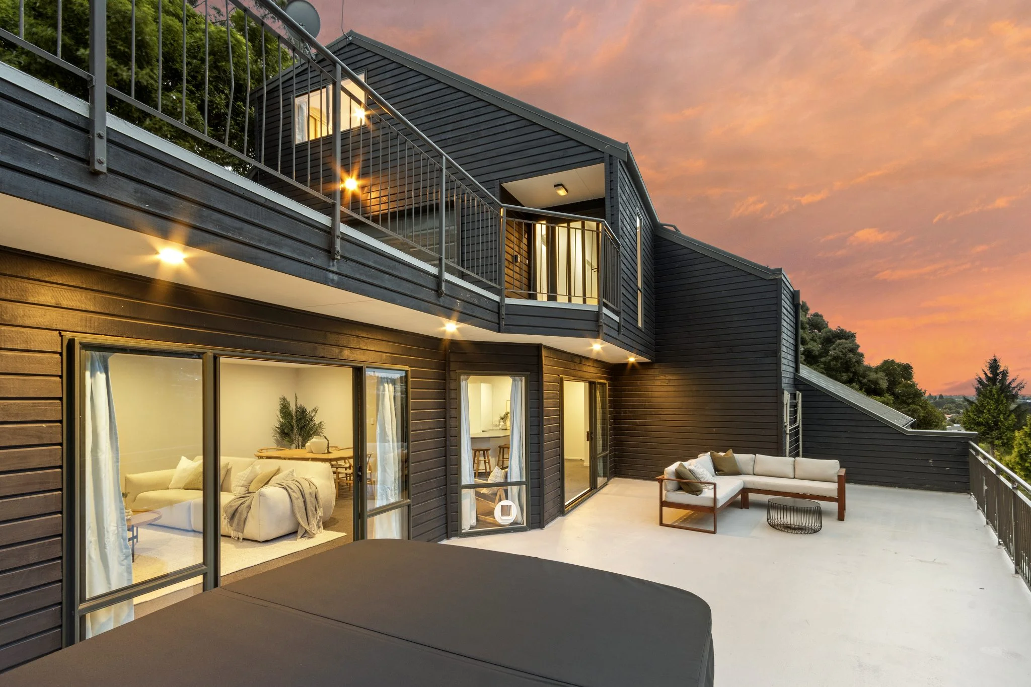 A modern house at sunset