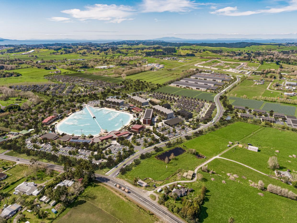 An architectural render of Sir John Kirwan’s planned surf village. Photo: One to One Hundred Ltd