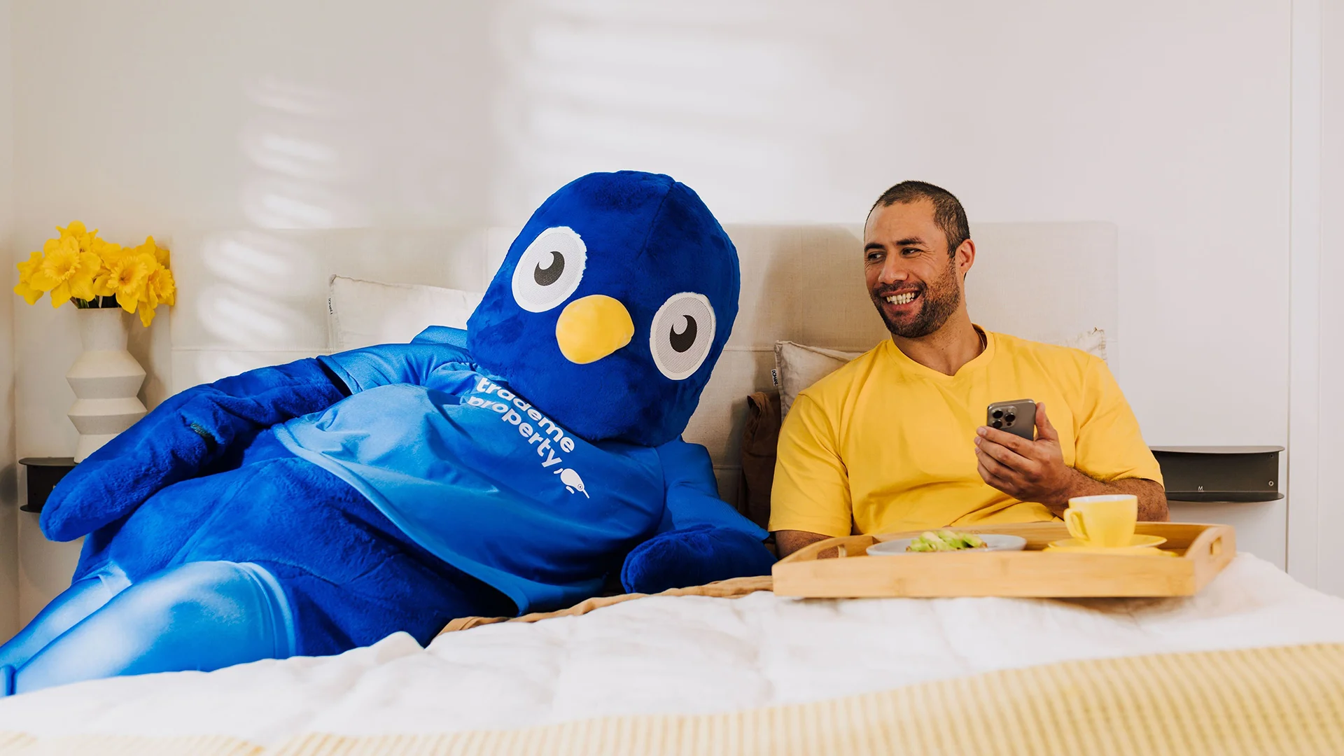 Kev the Kiwi comforts a first home buyer.