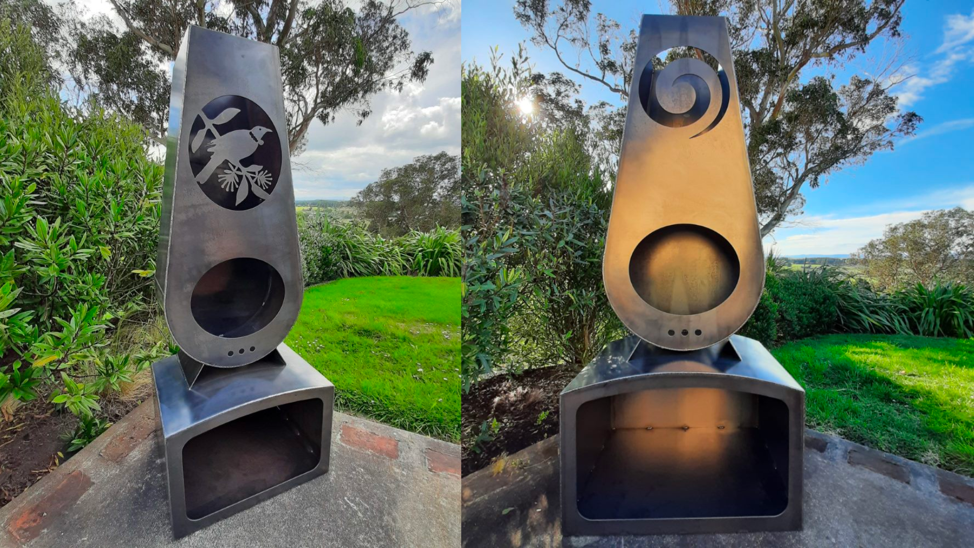 Two outdoor stell fireplaces on a concrete patio in front of grass. One fireplace has a Tui design, the other has a Koru design.