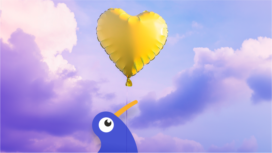 Our mascot, Kev the Kiwi, with some heart-shaped balloons.