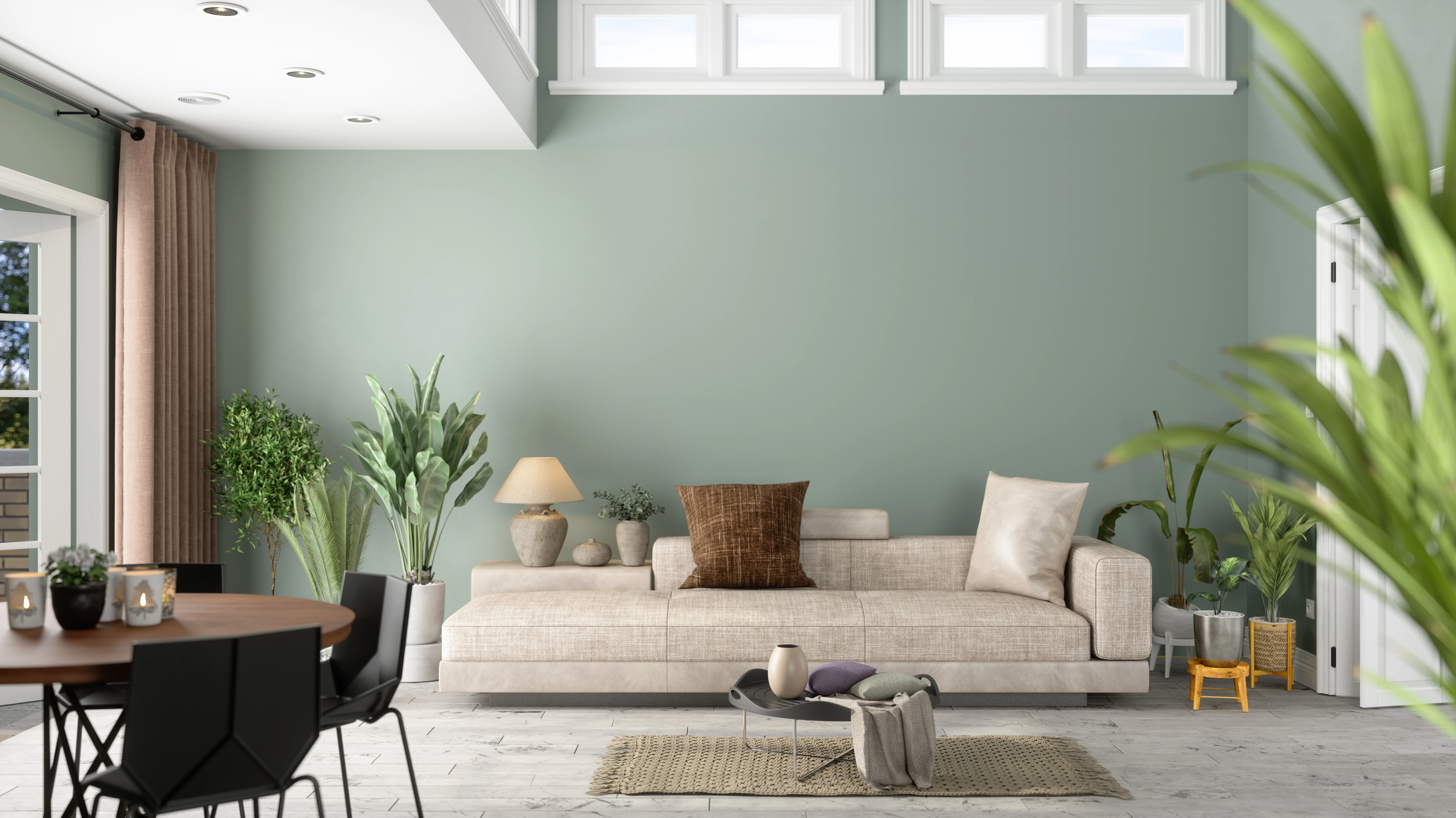 Moss green living room feature wall.