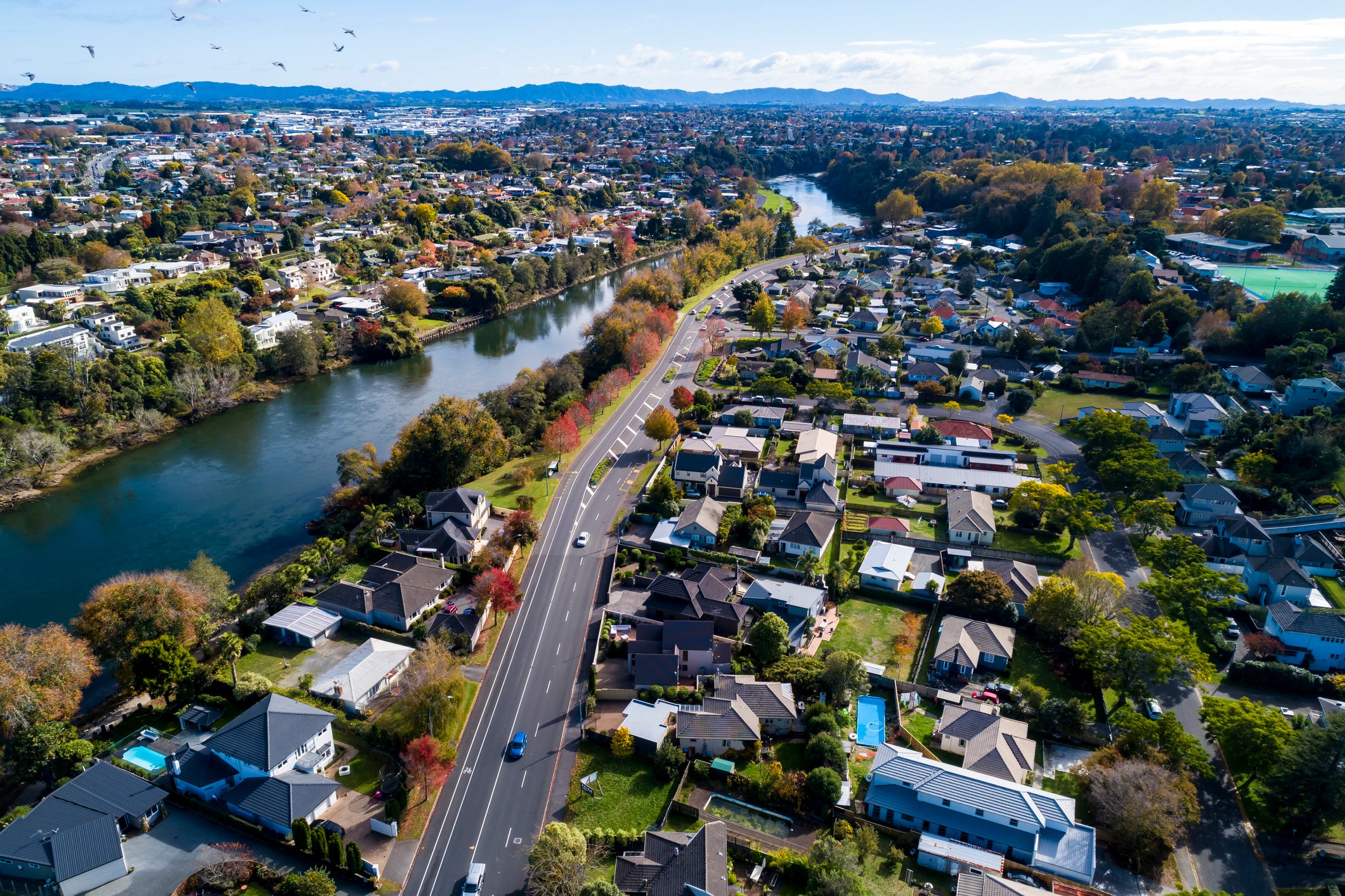 aerial photo of the waikato river and neighbourhood