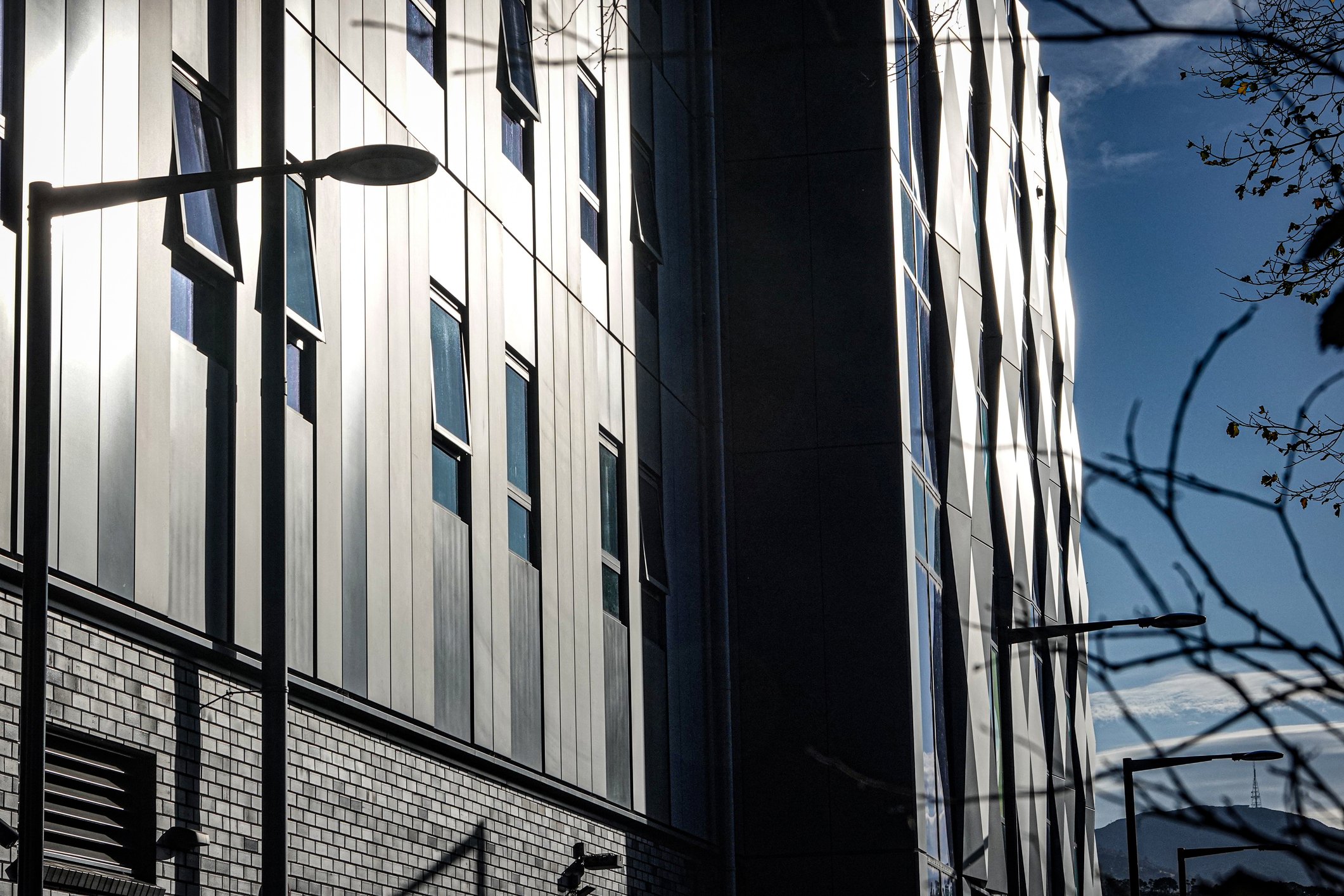High contrast modern building facade in winter