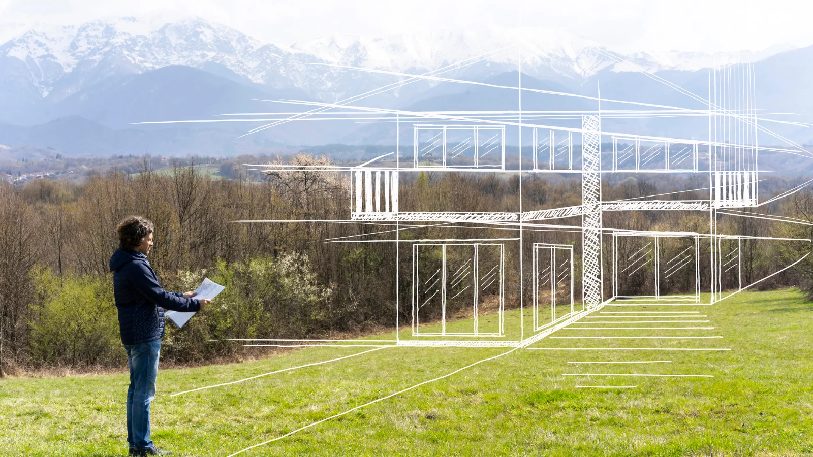 Visualisation of house design on green hill.