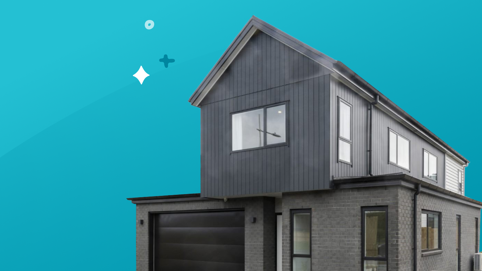 Grey house with a blue background and a couples of sparkles next to it.