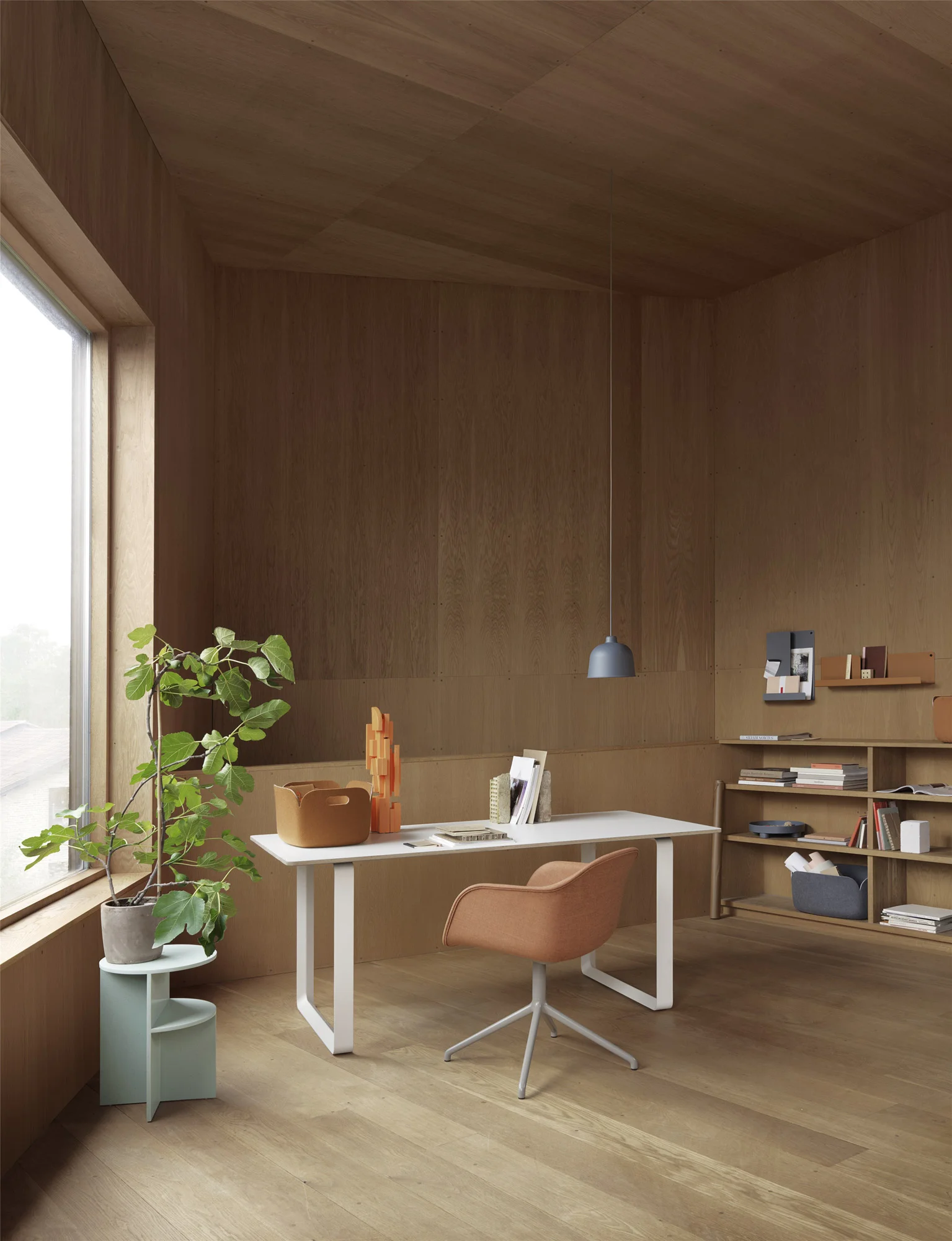 A wooden minimalist space with a large window that lets in natural light. A white desk sits in the centre of the image, with a bookshelf on the right of the room and a fig tree plant on the left.