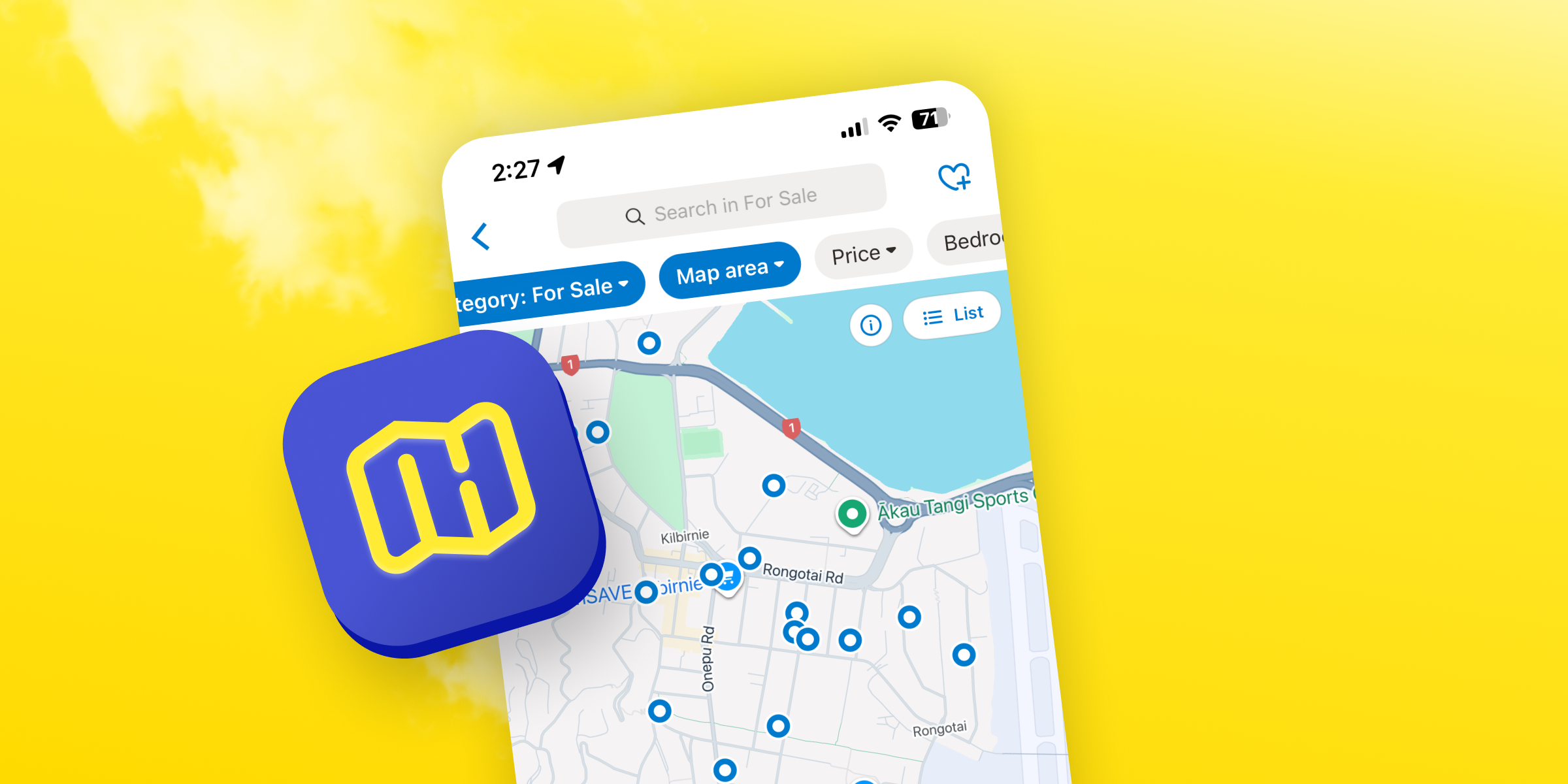 App with map based search open and map icon