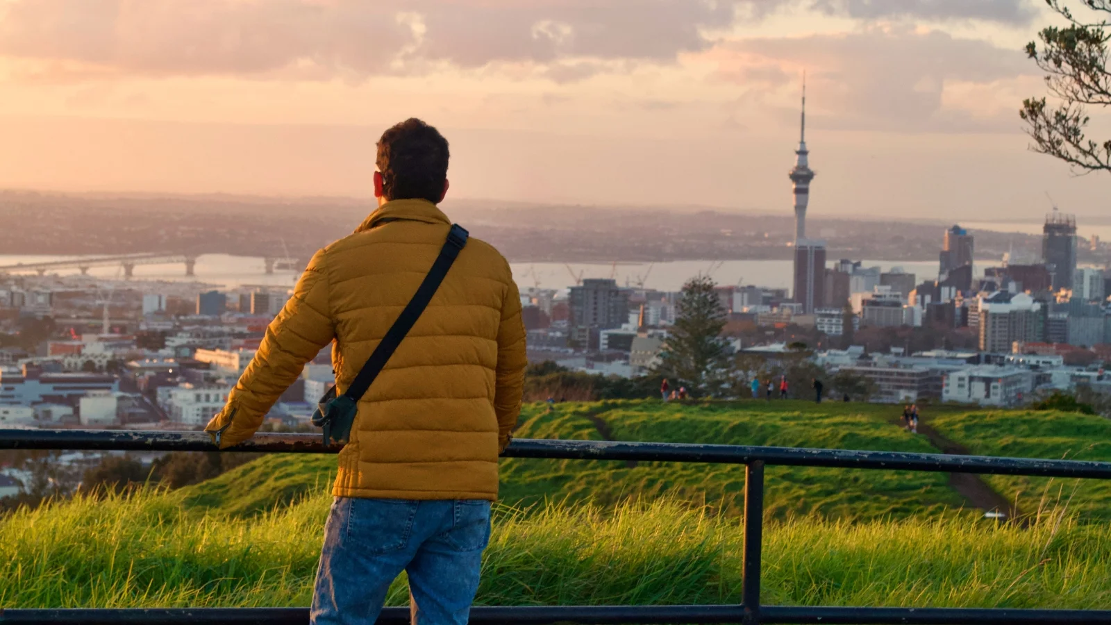 Guy looking over Auckland from Mt Eden.