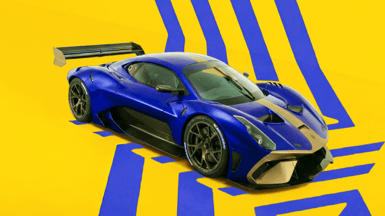 Blue car on yellow & blue graphic