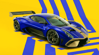 Blue car on yellow & blue graphic