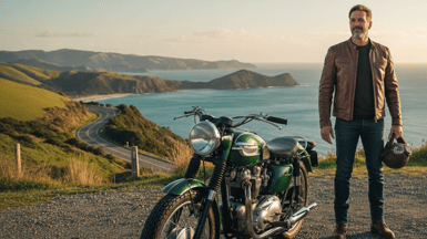 Kiwi man with his vintage motorcycle on the open road.