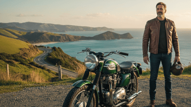 Kiwi man with his vintage motorcycle on the open road.