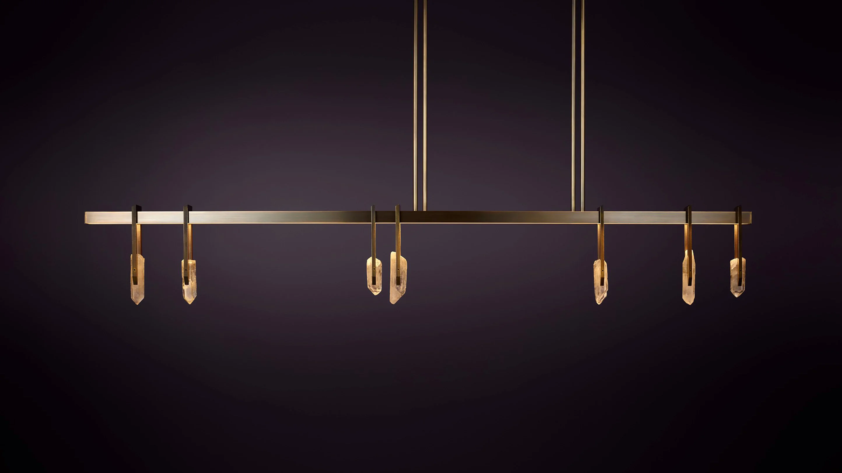 Pendant light with brass, LED and quartz crystals