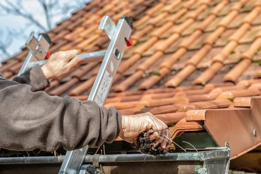 Homeowner on a ladder clearing leaves from the gutter.