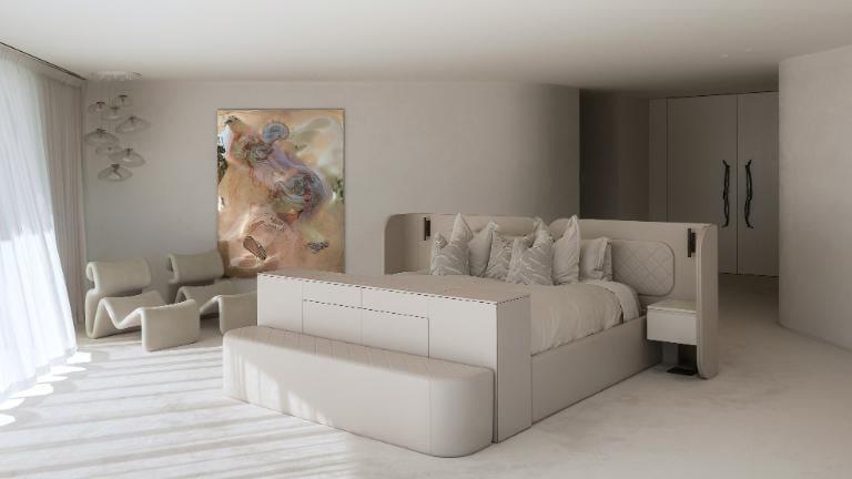 In this TIDA award-winning suite by Shelley Ferguson, the bed is wrapped with built-in furniture, and is positioned at an angle to maximise the view. Photo: Lilly Smith, Michelle WeirShelley