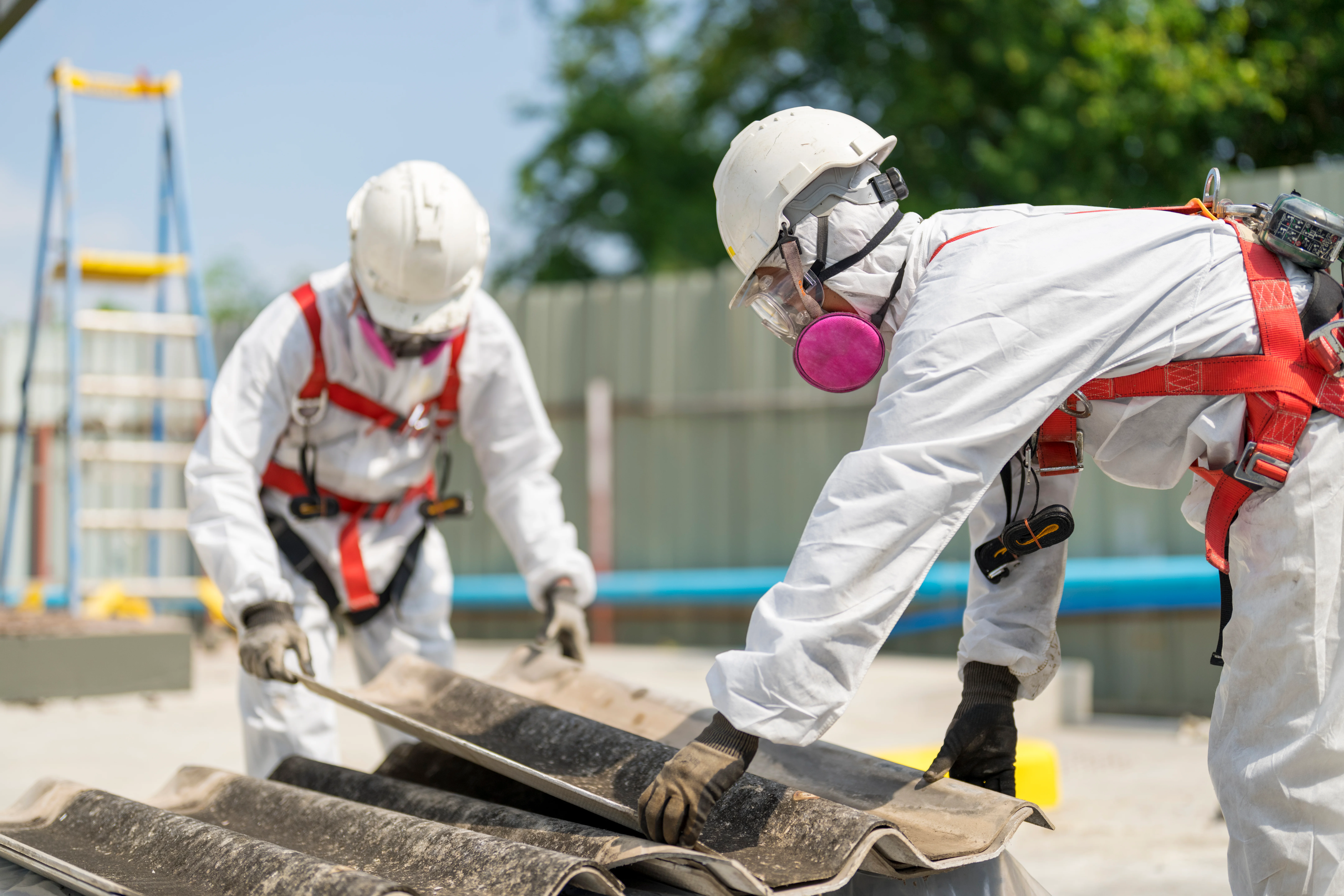 Two people in protective clothing slowly lift up an asbestos roof panel