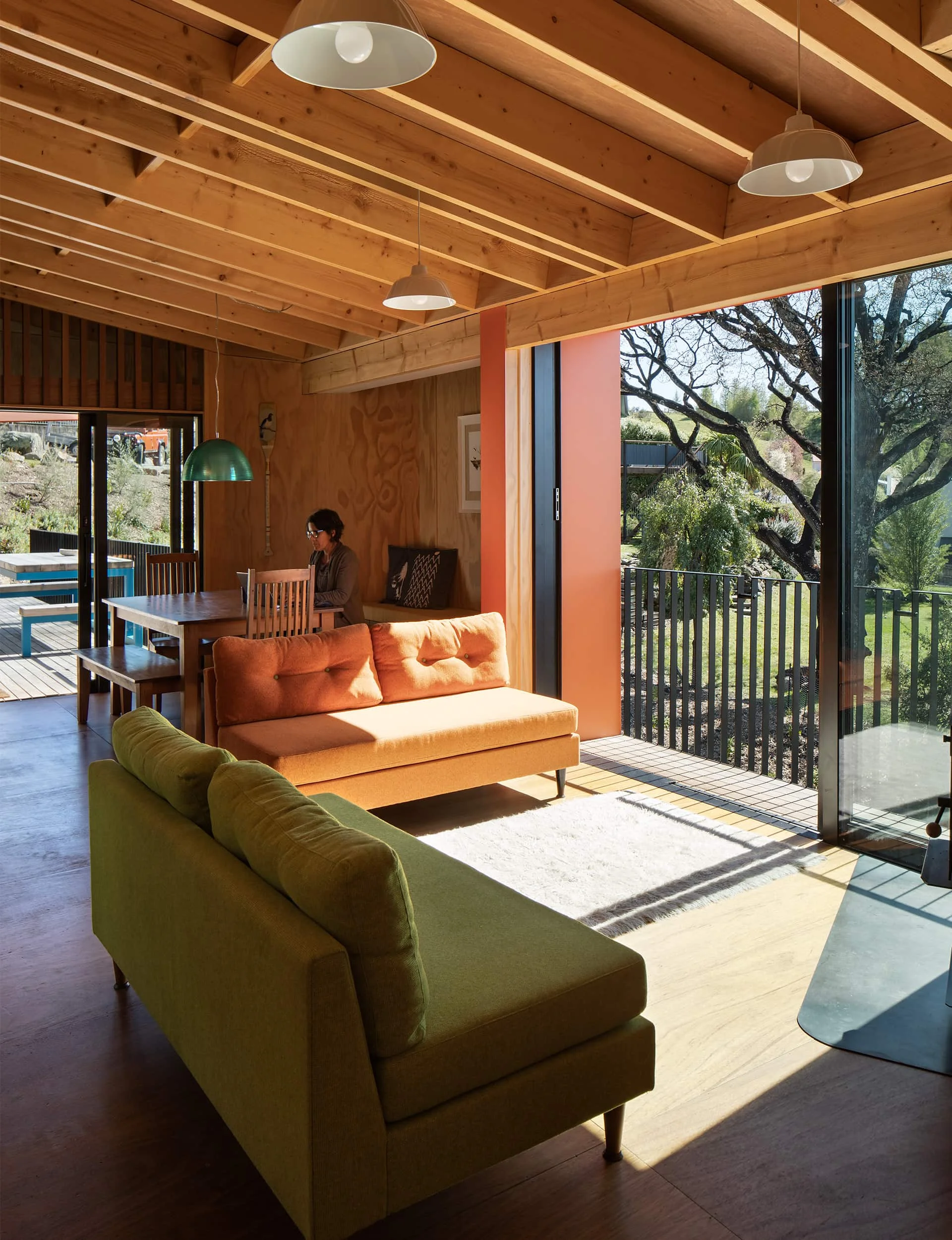 There’s plenty of visual interest in exposed beams, joins and timber detailing and the efficient design makes the large footprint of their Island Bay home feel almost unnecessary, says Kath.