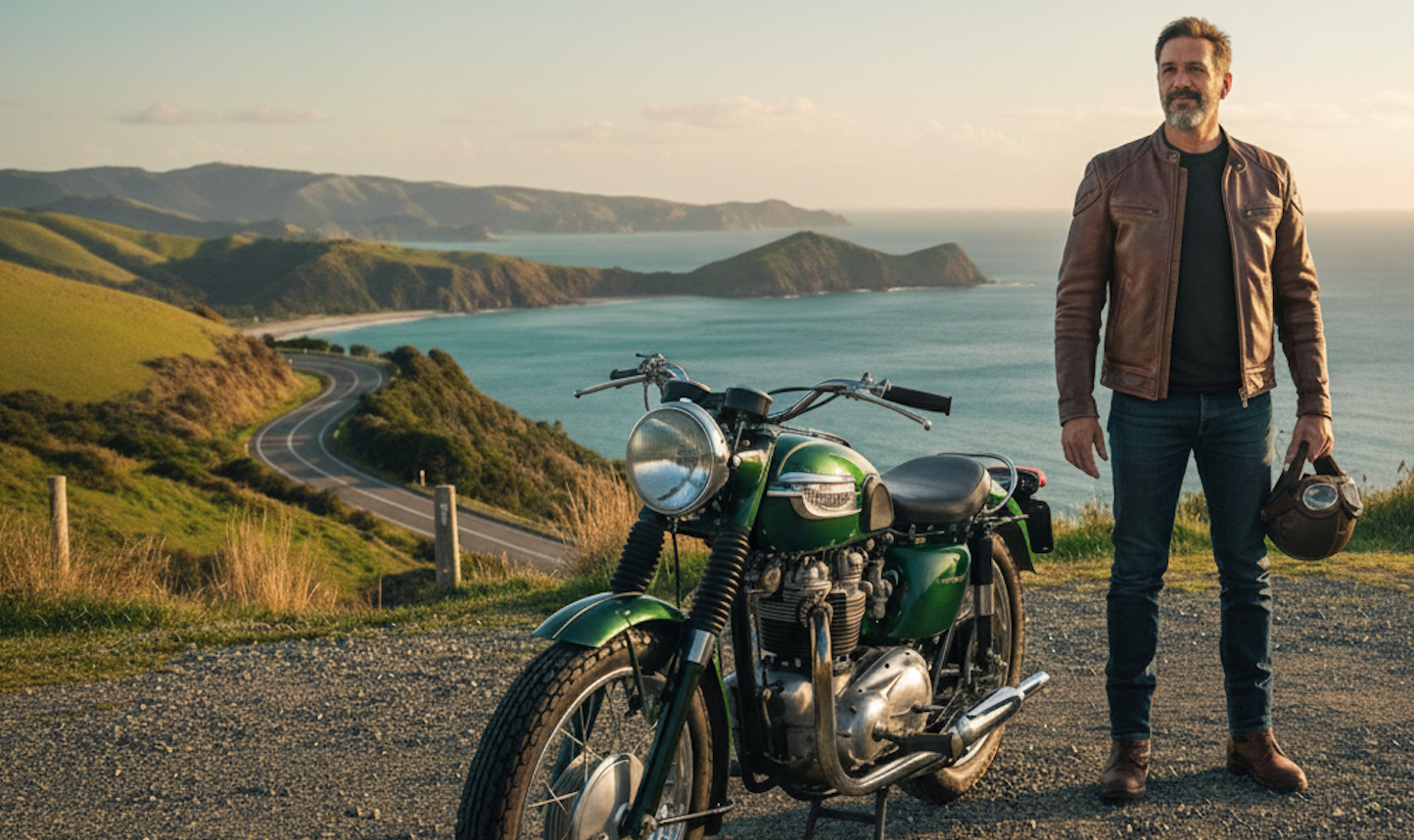 Kiwi man with his vintage motorcycle on the open road.