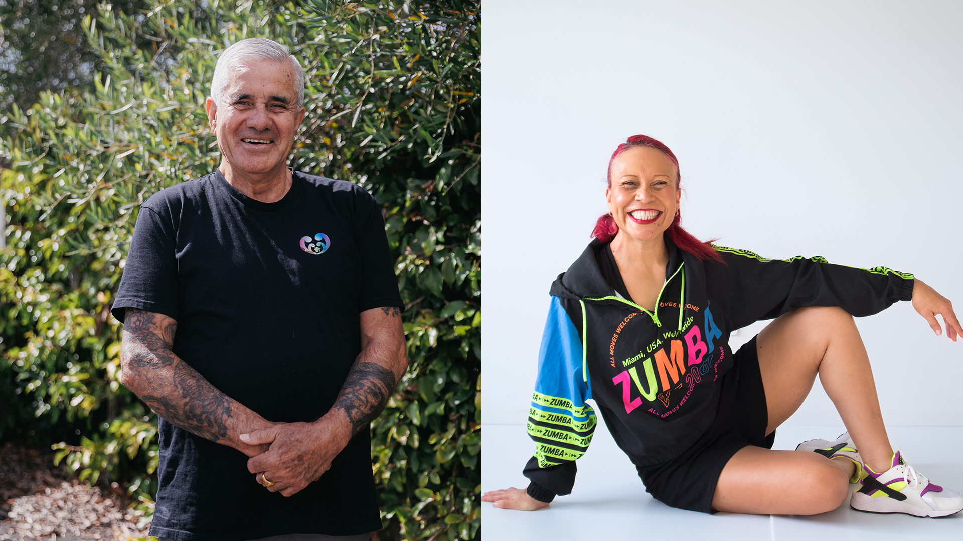 A woman sits posed in a zumba jumper sat on the floor.