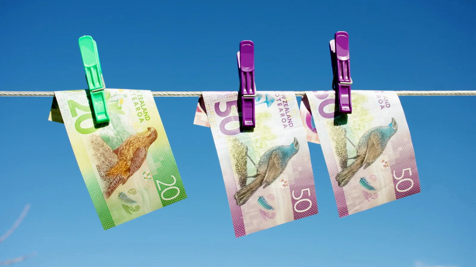 NZD hanging on a clothes line against blue sky.
