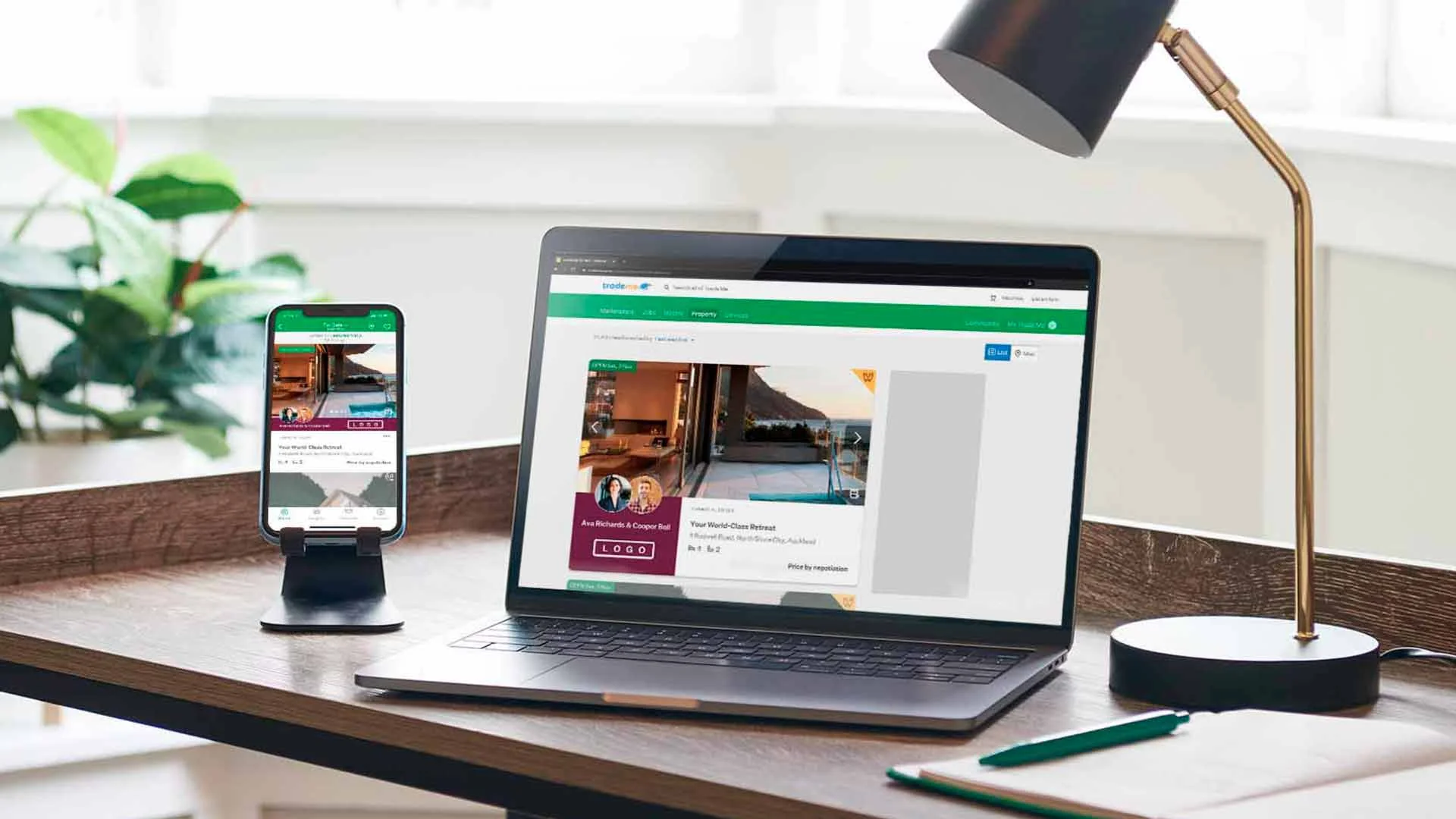 Laptop and mobile device showing Trade Me Property web features.